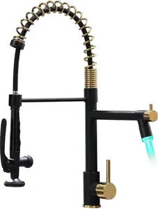 LED Kitchen Faucet with Pull Down Sprayer,Black&Gold Commercial Kitchen Faucet for Kitchen Sink