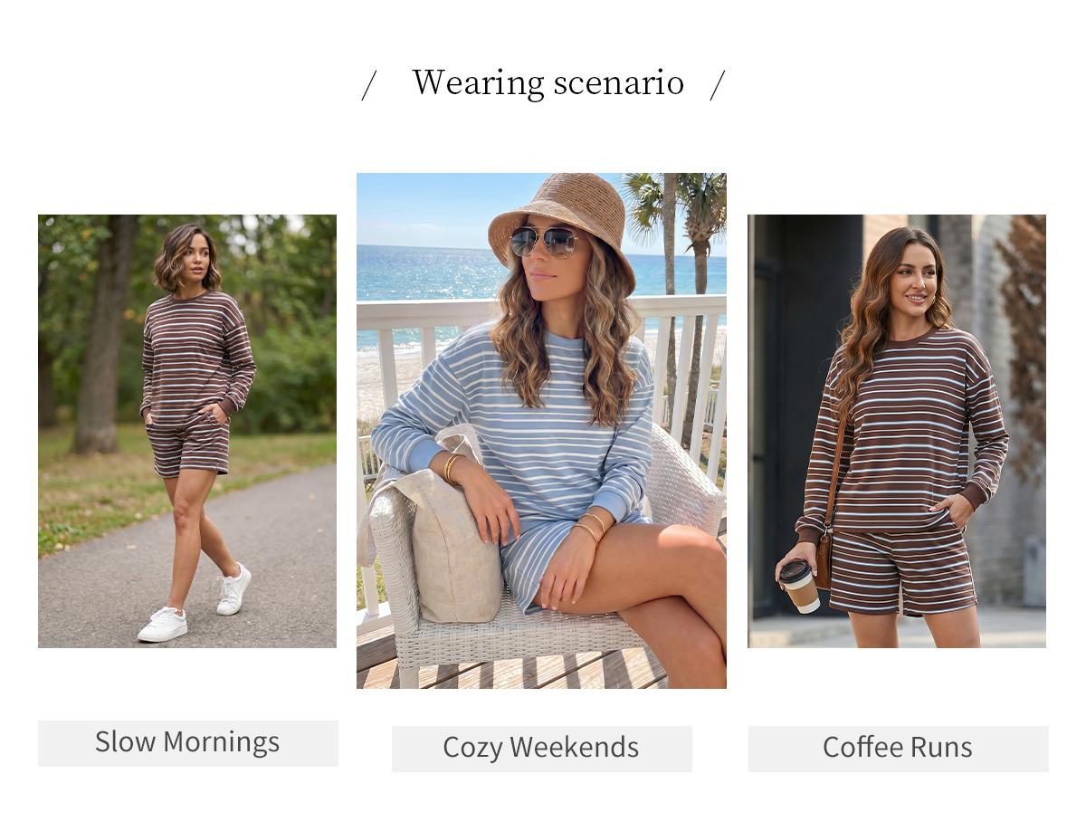 Chicovar Women's Striped Lounge Set, Oversized Long Sleeve Crewneck Top and Shorts Matching Set, Casual Relaxed Fit Two Piece Outfit, Comfy Everyday Loungewear