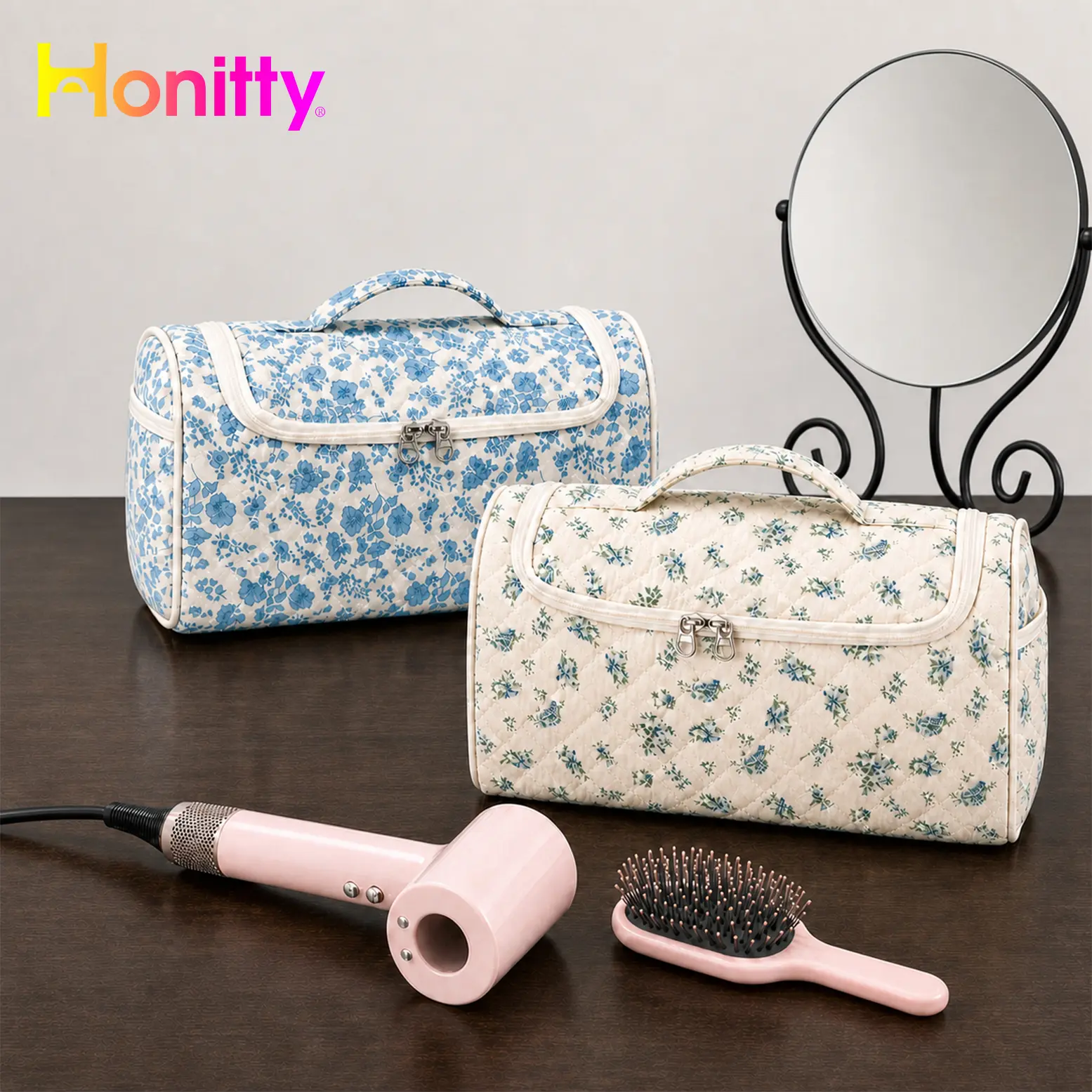 HONITTY Quilted Hair Tools Travel Organizer - Cute Compact Travel Set Toiletry Bag with Hanging Hook, Multi-Compartment Organizer for Storage, Compatible with Dyson Airwrap Styler & Hair Curler Accessories