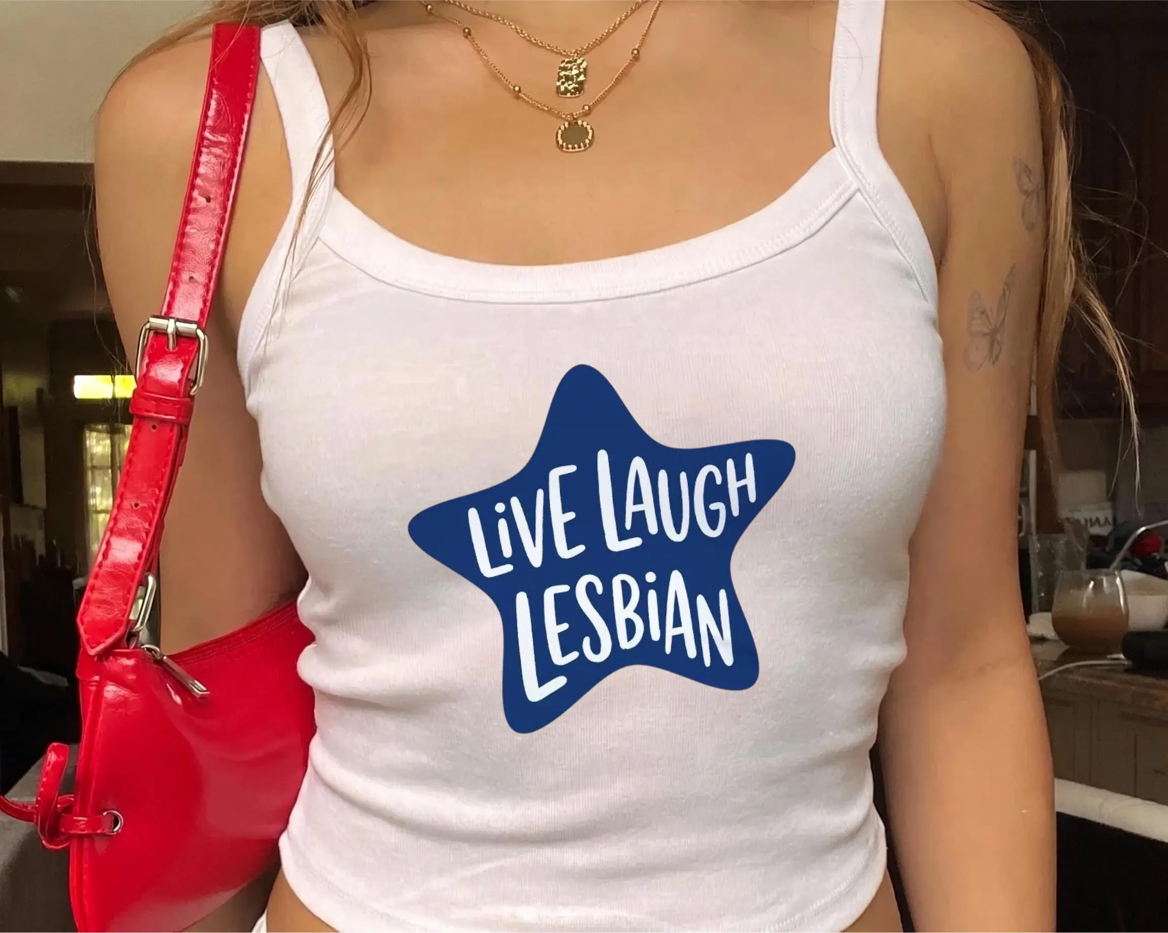 Live Laugh Lesbian Y2k Strap Tank Custom Lgbt Lesbian Top Custom Strap Tank Lgbtq Pride Month Racerback Tank Coming Out Gift
