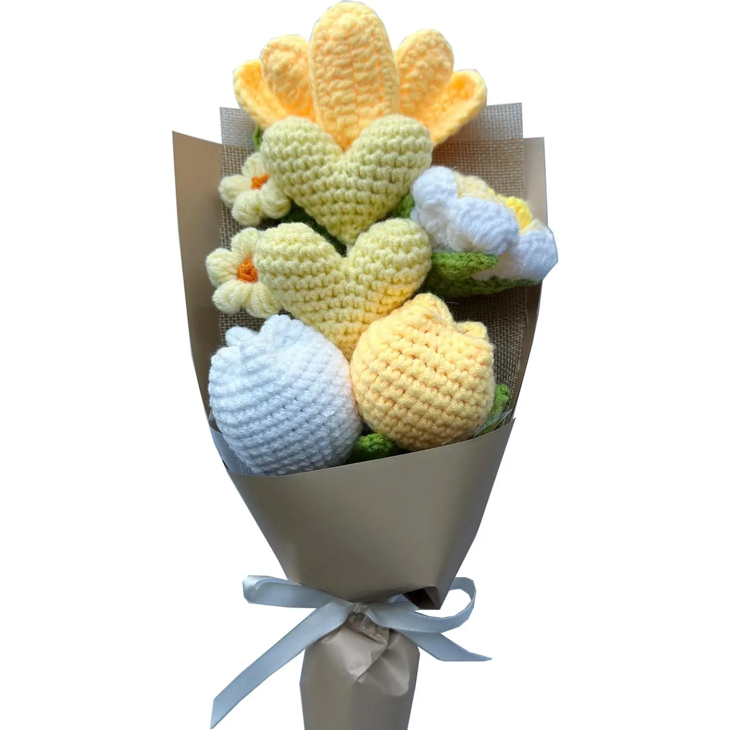 Crochet Flower Bouquet, Crocheted Heart Bouquet, Finished Handmade Flowers, Valentine's Day, Mother's Day, Birthday, Wedding, Teacher's Day Gift, Yellow, Artificial Plant