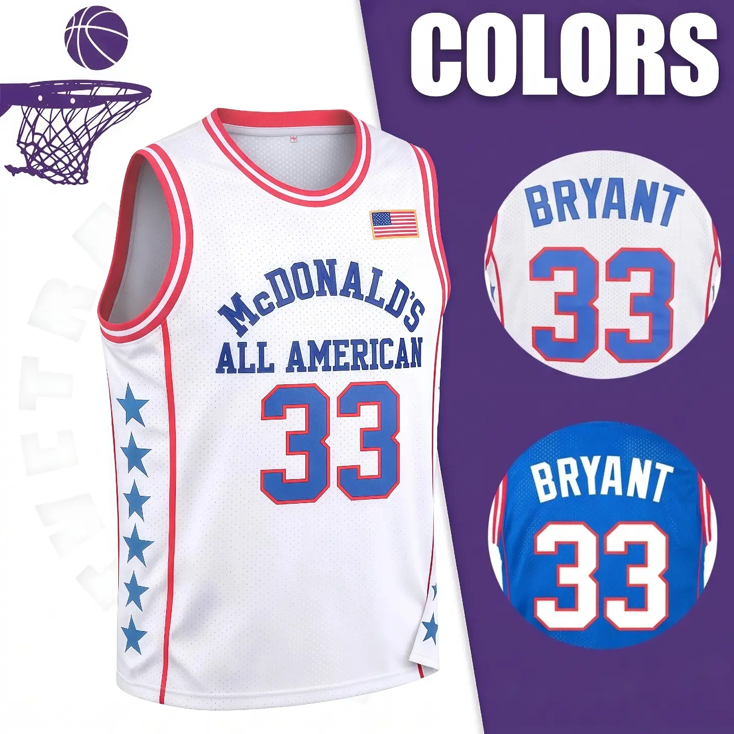 Men's Authentic Kobe Bryant V-Neck Basketball Jersey, 33 Letter Print McDonald's Blue White All-American High School Athletic Top, Sports Top, Jersey Shirts (S-XXXL)