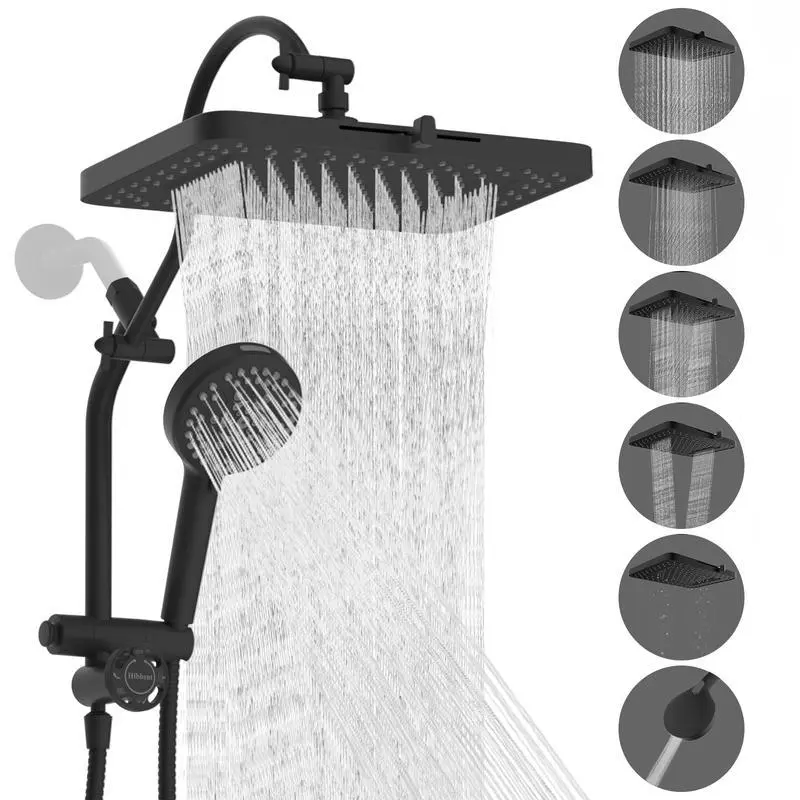 Hibbent Upgraded Curved 5-Spray 13in Rainfall Shower Head Combo Complete Kit - High Pressure, 10 Spray Modes Handheld, Curved Arm, Adjustable Angle Fixed Showerheads, 12in Extension Arm, 4-Way Diverter, 71in Hose, Holder, Black (for Adults), Bathroom Upgr