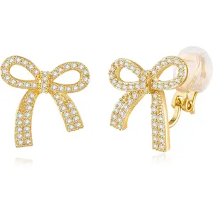 Silver/Gold tone Bow Clip on Earrings for Women Trendy Sparkly Cubic Zirconia Bow Clip on Earrings Prom Wedding Party Dress Jewerly Stocking Stuffers for Women Christmas Gifts