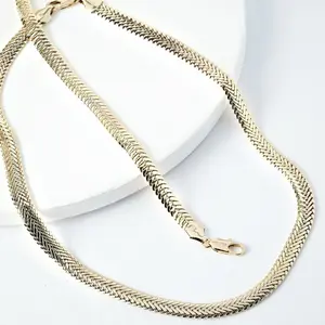 14K Laminated Herringbone Chain & Bracelet Set 8mm - Gold Plated Fashion Jewelry for Men and Women