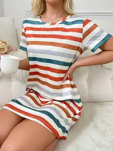 Women's Casual Striped Rainbow Patchwork Round Neck Nightdress, Loungewear, Womenswear, Comfortable and Elegant Stripe Design, Perfect for Home Wear Nightwear