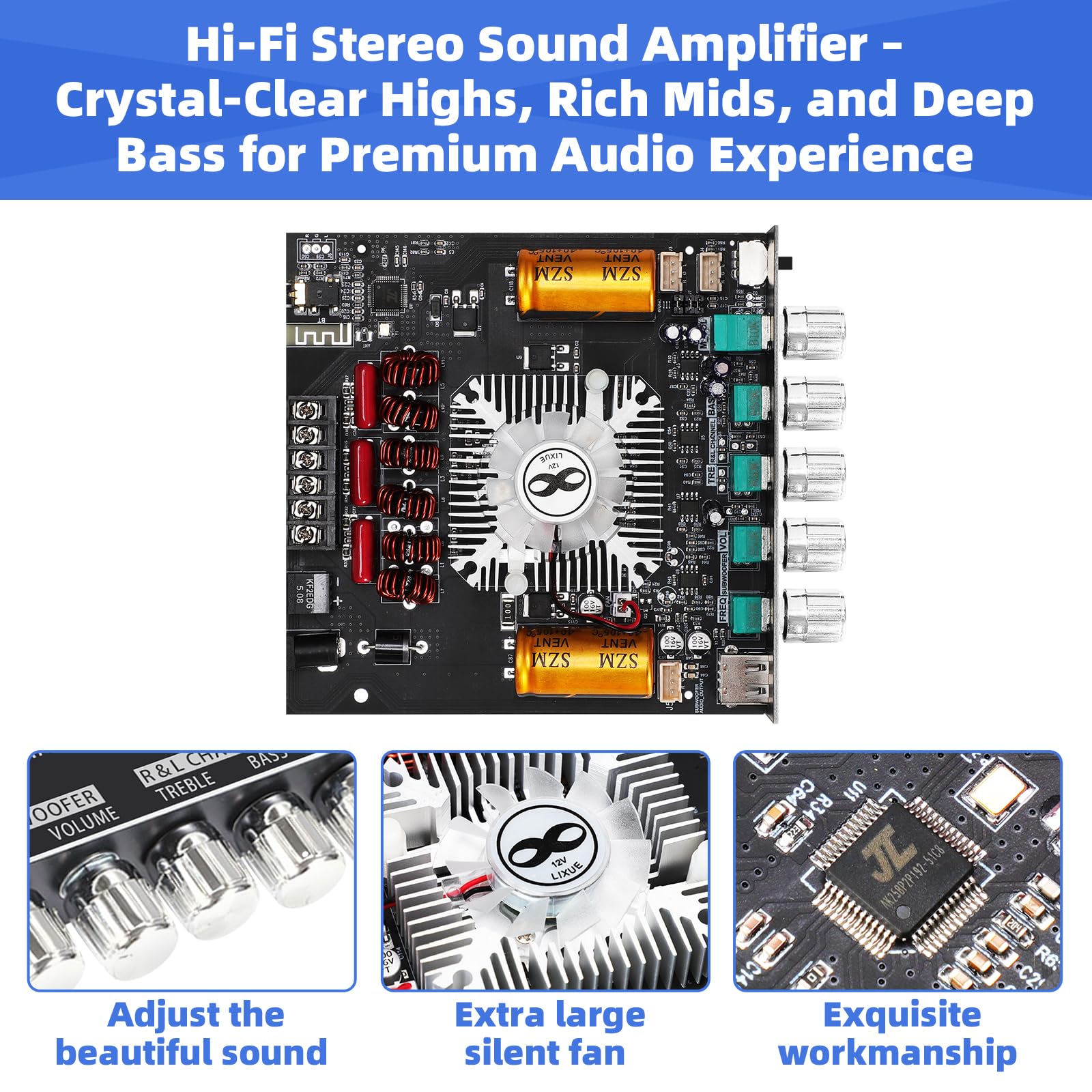 HT21 Upgraded 2.1 Channel Mini Wireless Hi-Fi Amplifier Board with TDA7498E Hi-Fi Chip, 160W×2+220W Home Amplifier, Supplier-Made, BT/USB/AUX Flexible Connectivity, Dual Expansion Ports, DC 15-36V, Easy Integration for DIY Home Speakers Customization