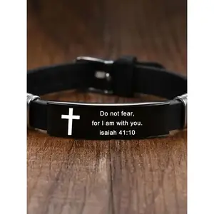 Adjustable Silicone Bible Verse Bracelet, Gifts for Her, Stainless Steel Cross & Letter Design Strap Bracelet for Men & Women, High Quality Bracelet, Trendy All-match & Exquisite Jewelry for Birthday Gift, Personalized Jewelry Gif