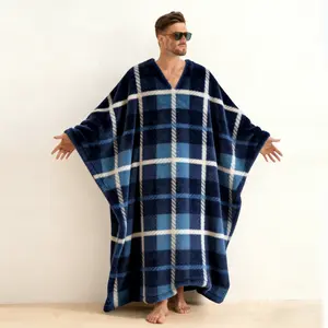 Classic Plaid Print Flannel Men's V-Neck Long Robe Kaftan, Traditional Checkered Pattern Brushed Cotton Loungewear, Soft Warm Long Sleeve H