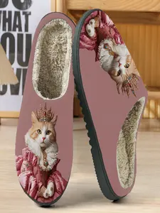 Court Style Cat Cotton Slippers, Plush Lining Warm Feet Comfort, Soft with Elegant Dress Pattern, Retro Elegance Home Wear