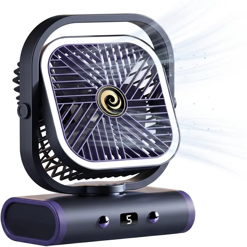 Portable Compact Fan - 5 Speeds Turbo Airflow, Digital Display, LED Light, Ultra Quiet, USB Rechargeable, Clip-to-Walls for Space-Saving Use, Home Office Dorm Ready with Reading Convenience, Portable Fan