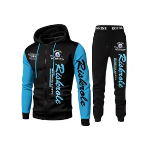 Men's high-end two-piece contrasting printed hooded sweatshirt+leg binding pants set