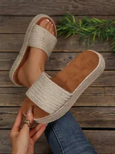 Summer New Jute Woven Thick Sole Sandals, Bohemian Style Outdoor Flat Slippers, Vintage Linen Women's Shoes