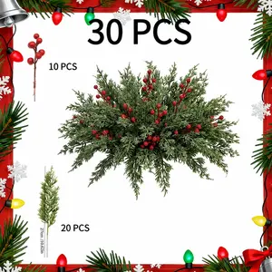 30 Pcs Artificial Pine Branches with Red Berry Picks 11" Winter Christmas Greenery Fake Juniper Leaves Norfolk Pine Stems Needles for DIY Craft Wreath Garland Vase Filler Home Decoration