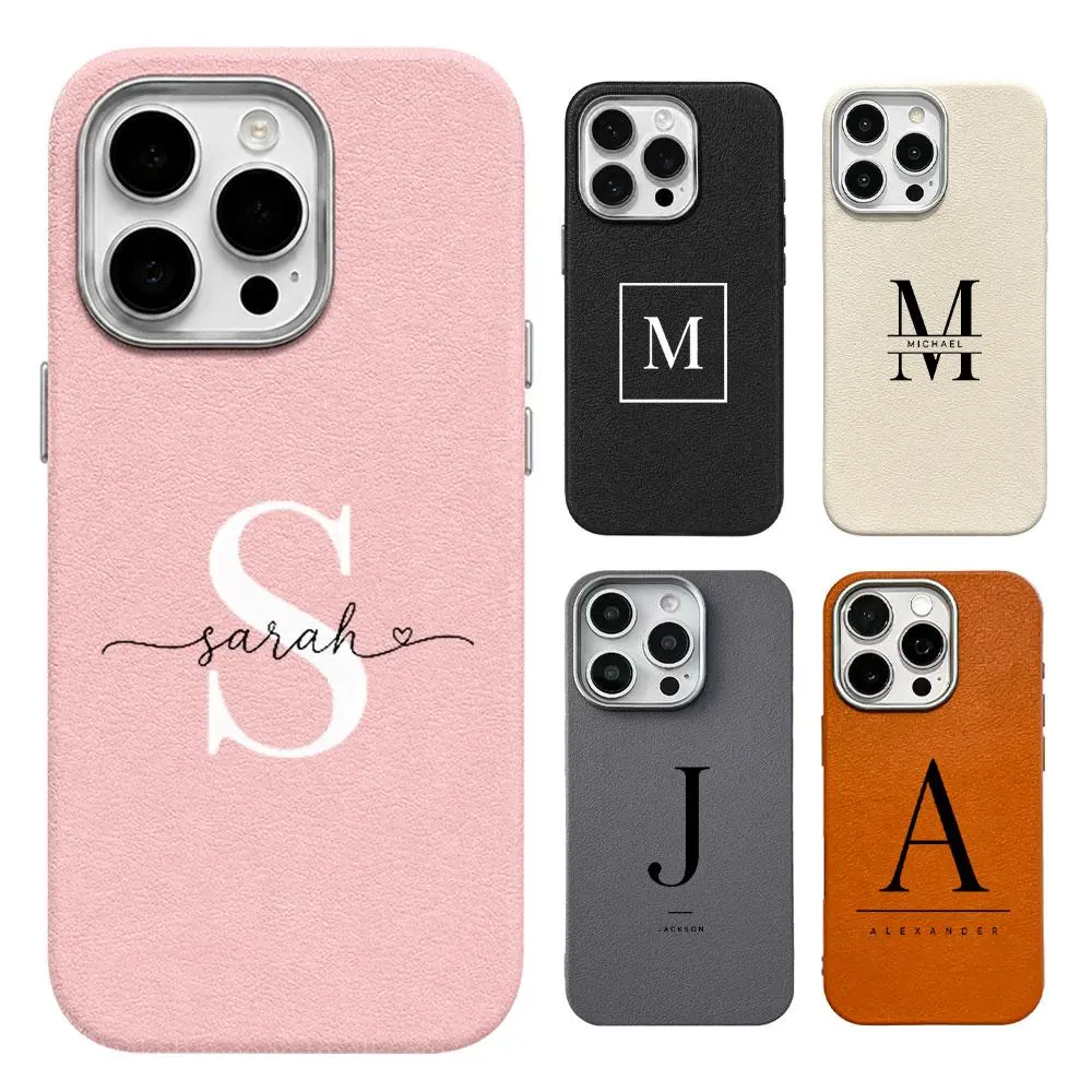 Custom Name Monogram Case for iPhone 17 16 15 14 13 12 11 Pro Max Luxury Leather Texture Soft TPU Cover