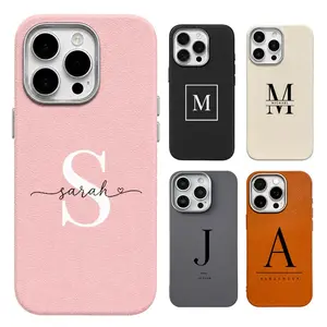 Custom Name Monogram Case for iPhone 17 16 15 14 13 12 11 Pro Max Luxury Leather Texture Soft TPU Cover