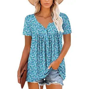 Henley V Neck Casual Blouse Button Down T Shirts Flare and Flowy Tops