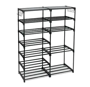 7-Tier Adjustable Shoe Rack with Hooks, Black Organiser, Holds Up to 21 Pairs of Shoes