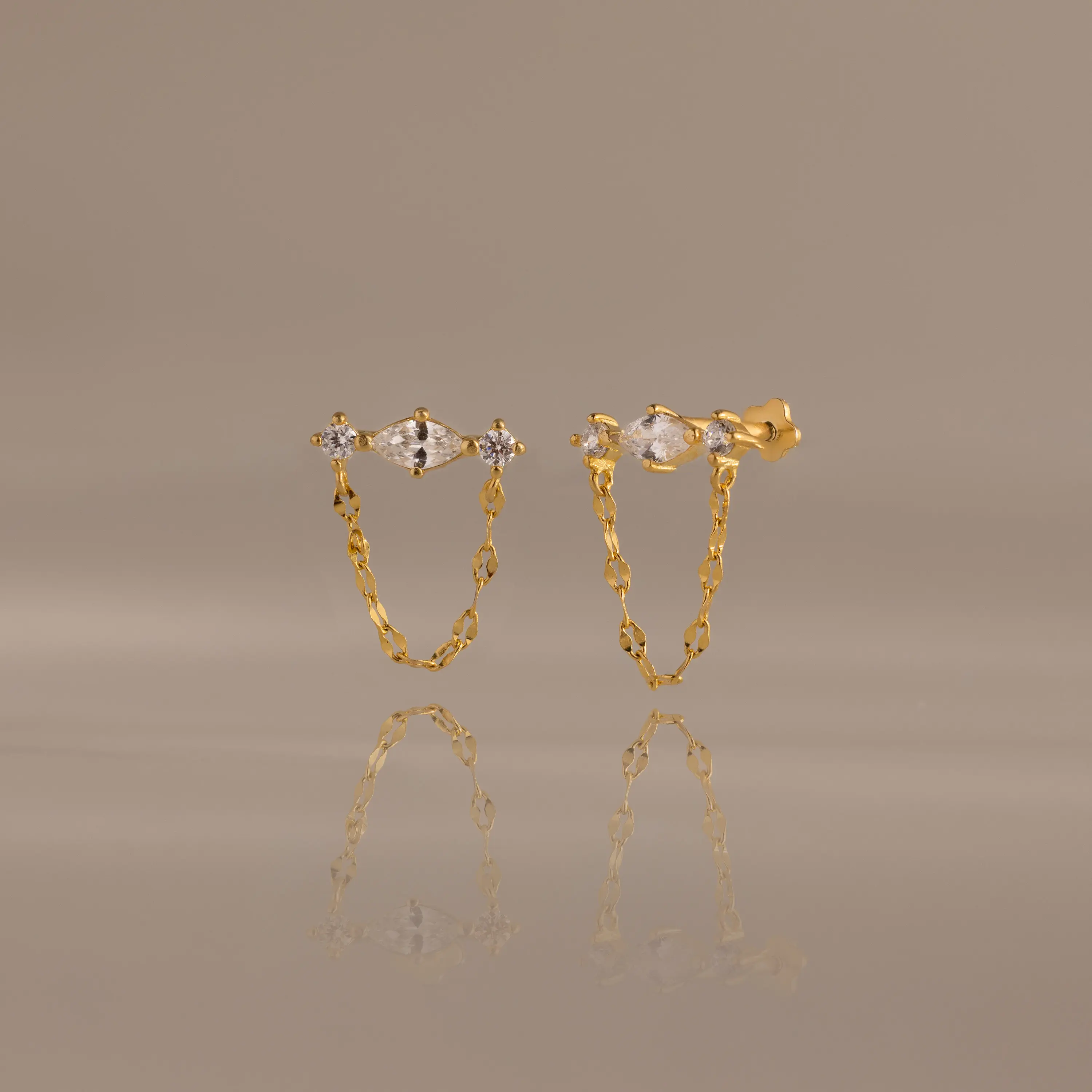 Diamond Marquise Chain Flat Back Studs by Caitlyn Minimalist - Dainty Gemstone Stud Earrings with Dangling Mirror Chain - Crystal Jewelry - Gift for Friend