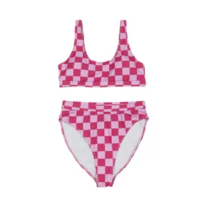 S0559-Breathable & Cool Adult Pink Checkered Bikini Swimsuit for Beach Vacations Womewear