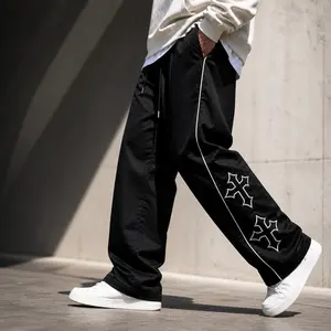Men's Black Quick-Dry Athletic Pants - White Side Stripes, Embroidery Design, Drawstring Straight Leg, Casual Gym Wear, Athleisure Tracksuit Bottoms, Goth Military Style, Gym Clothing Women