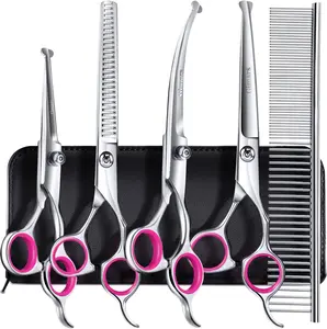 Pet Grooming Scissors Kit 6-in-1 - Round Tip Stainless Steel Shears for Pets