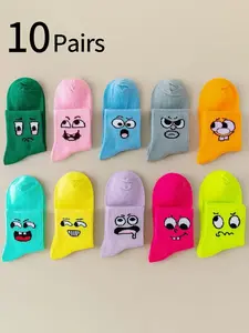 10 Pairs Women's Cute Smiley Face Candy Color Socks, Breathable Cartoon Casual Mid-Calf Socks, Comfortable Soft Outdoor Sports Socks