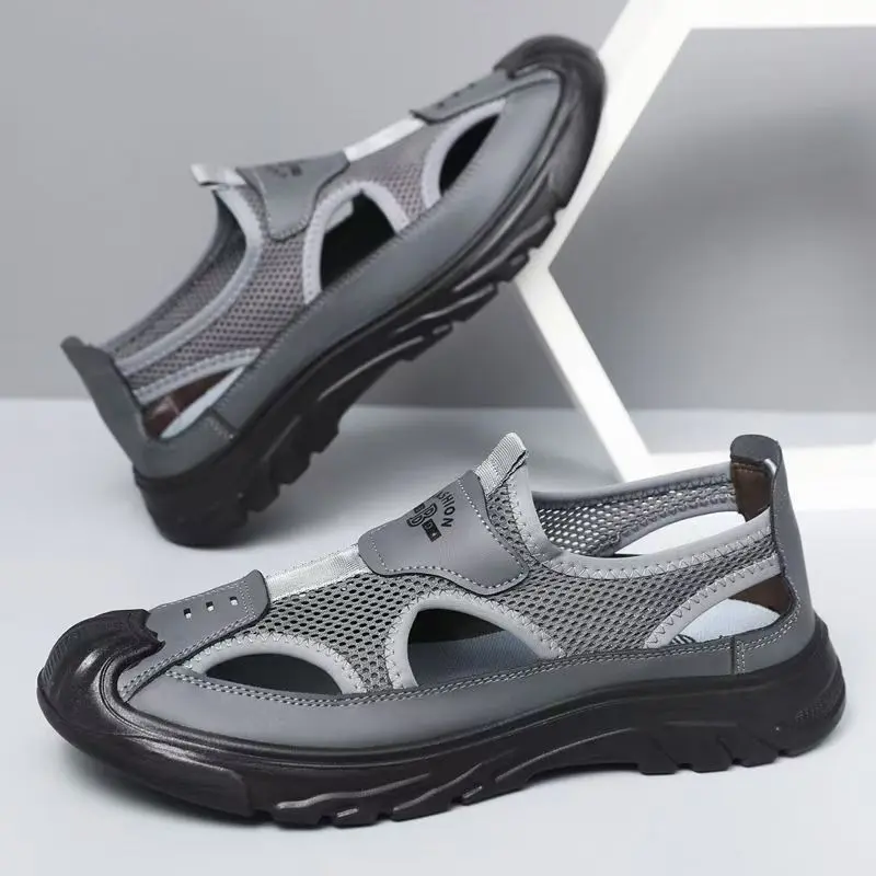 Men's Sturdy Closed-Toe Sporty Sandals - Hollow Mesh Fabric, Lightweight Fisherman Water Shoes, Breathable Shoes for Outdoor Sports, Beach Outings (US 7.5, US 10)
