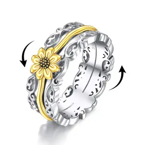 925 Sterling Silver Sunflower Twist Ring Fashion Jewelry Stress Relief Ring Perfect Jewelry Gift for Women