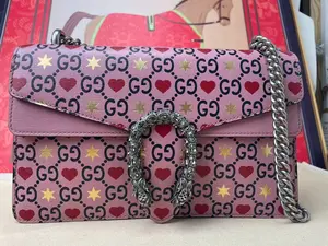Pre-owned GUCCI Dionysus Valentine's Limited Edition Pink GG Supreme Crossbody Bag | Heart & Star Print, Crystal Tiger Head Clasp, Silver Chain Strap, Preloved Luxury Designer Bag