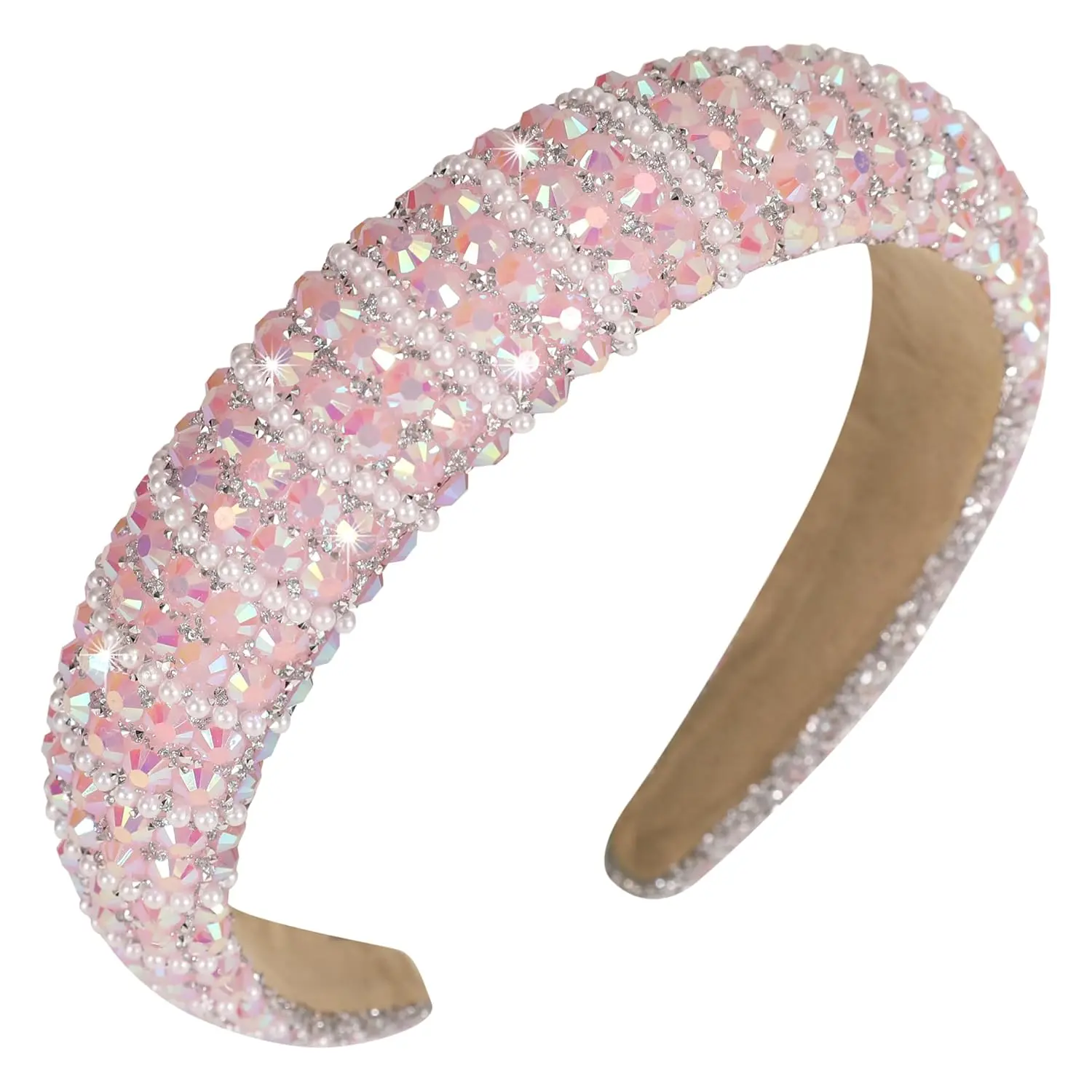 Pink Rhinestone Headband for Women Girls Bling Crystal Diamond Headband Fashion Thick Padded Jeweled Hairband Birthday Disco Ball Holiday Glitter Hair Accessories