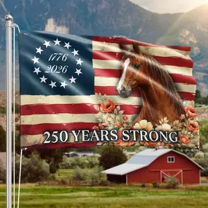 Horse American Flag 250 Years Strong, Weather-Resistant Double-Sided Outdoor Yard Decor, Patriotic Farmhouse Banner, Grommet Wall Decor for July 4th Porch