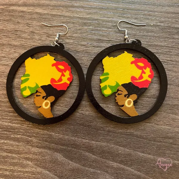 Wooden Jamaican Africa Map Black Woman Afro Dangle Earrings