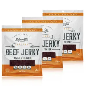 Sharifa Halal Beef Jerky, Teriyaki, (3) 2.85 oz. Bag – Great Everyday Halal Jerky Beef Meat Snack, 100% Real Zabiha Halal Beef, 12g of Protein, 80 Calories, 0g Trans Fat, & 2g of Carbohydrates