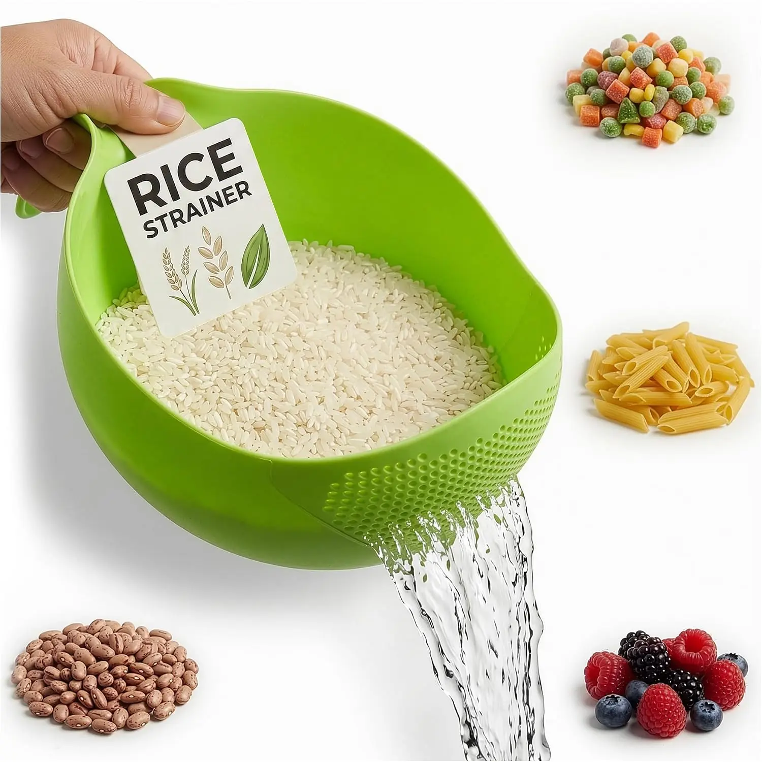 1.7L Rice Strainer with Handle, 9.4 In, Lightweight, ABS (Green) | Rice Washer Strainer Bowl; Drains Water Fast; Rinses Rice, Cereals, Pasta, and Veggies; Easy-Grip Handle; Dishwasher Safe