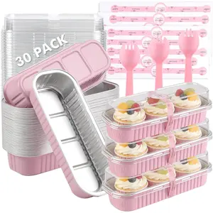 30 Pack Mini Loaf Cake Pan with Lids and Spoons, 6.8oz Small Disposable Aluminum Cake Tin Foil Pans, Rectangular Mini Loaf Bread Pans for Baking, Party, Picnics, Holidays (Pink)