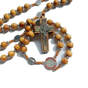 Prayer bead necklace, long wooden bead necklace, Benedict cross necklace gift Prayer bead necklace, long wooden bead necklace, Benedict cross necklace gift