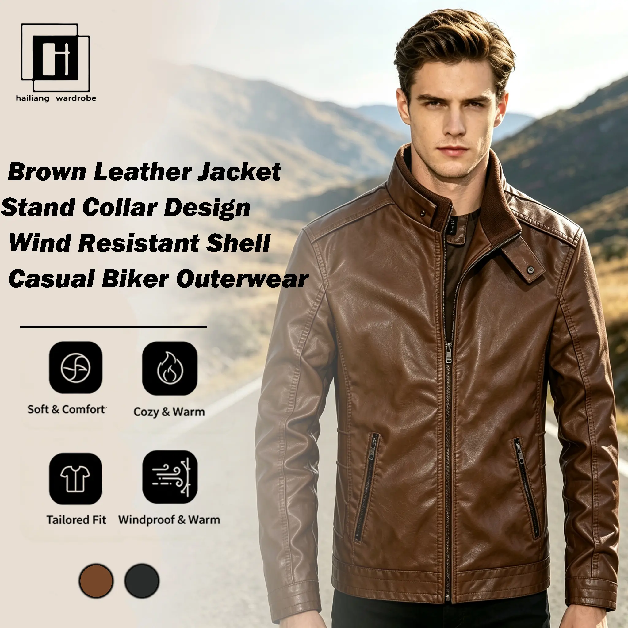 Men's 2026 Slim-Fitting Plain Polyester Stand-Up Collar Urban Casual Leather Jacket