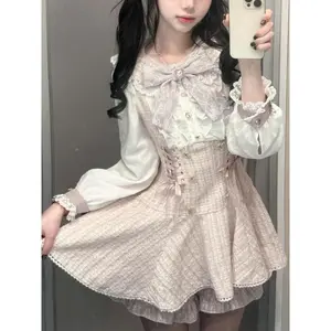 Spring Sweet Kawaii Elegant Mini Pants Suit Woman Japanese Lolita Lace Vintage 2 Piece Sets Female Bow Design Chic Outfits 2025