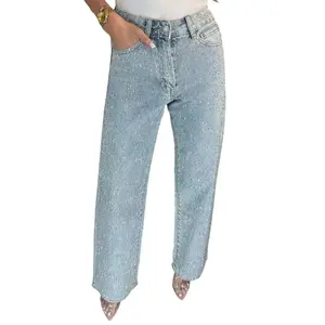 Y2k Women's Shiny Rhinestone Denim Pants Wide Leg Straight Full Diamond Jeans for Female High Street Outwear Trousers Casual Fashion Bottom - Womenswear vintage-inspired mid-rise wide leg jean