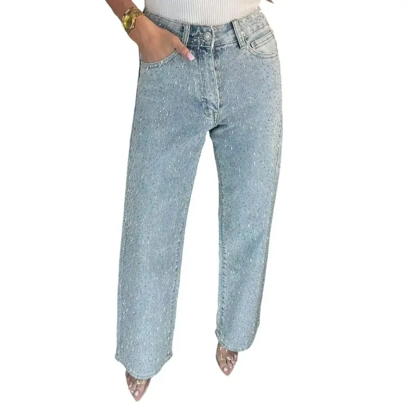 Y2k Women's Shiny Rhinestone Denim Pants Wide Leg Straight Full Diamond Jeans for Female High Street Outwear Trousers Casual Fashion Bottom - Womenswear vintage-inspired mid-rise wide leg jean Style Blouse Breathable