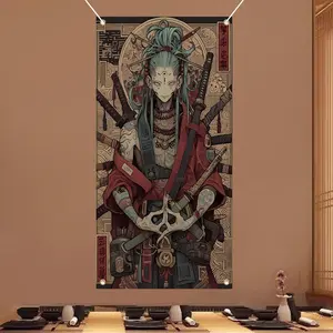 Japanese Style Door Banner, Tattoo Samurai Background, Washable Polyurethane Fabric, Reusable for Home Decor, Party Photography Backdrop