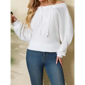 Plus Size - Casual Long-Sleeve Round-Neck Sweatshirt with Off-Shoulder Drawstring Design