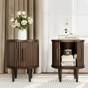 2-Piece Modern Small Fluted Nightstand Set with Faux Marble Tops, Metal Handles, Sliding Doors, Curved Edges, Boho Bedside End Tables for Bedroom, Living Room