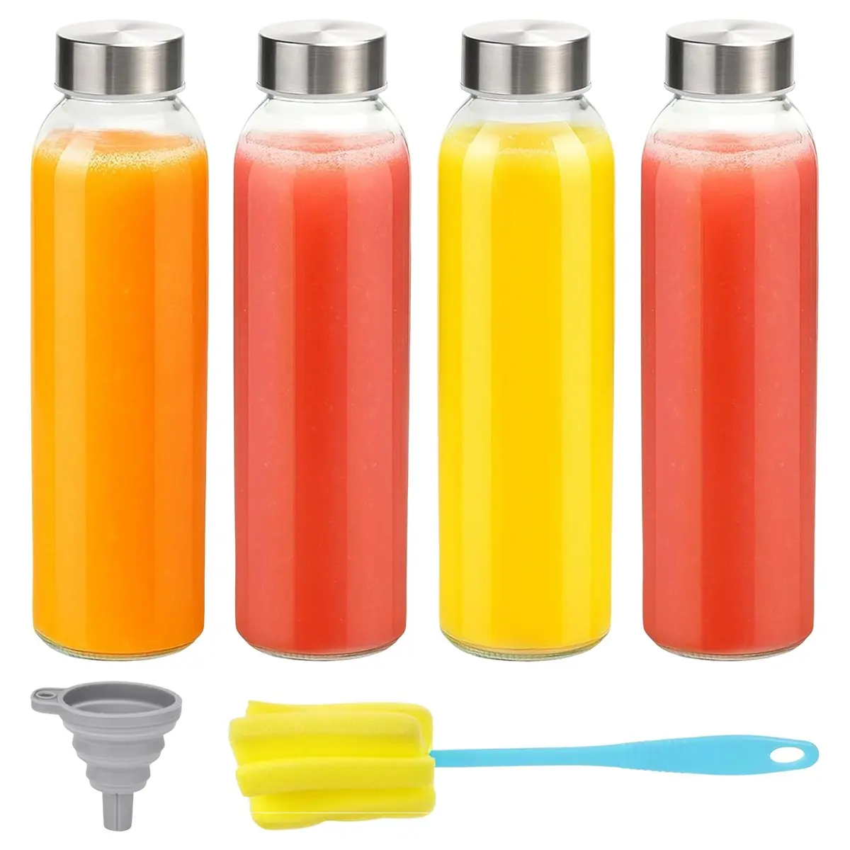 4-Pack Clear Glass Round Water Bottles with Lids, 18oz Reusable Juice Bottles with Stainless Steel Lid, Leak-Proof Traditional Classic Juice Container Set, Drinkware, Leak Proof Drinking, Leakproof Reusable Bottle