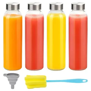 4-Pack Clear Glass Water Bottles with Lids, 18oz Reusable Juice Bottles with Stainless Steel Lid, Leak-Proof Juice Container