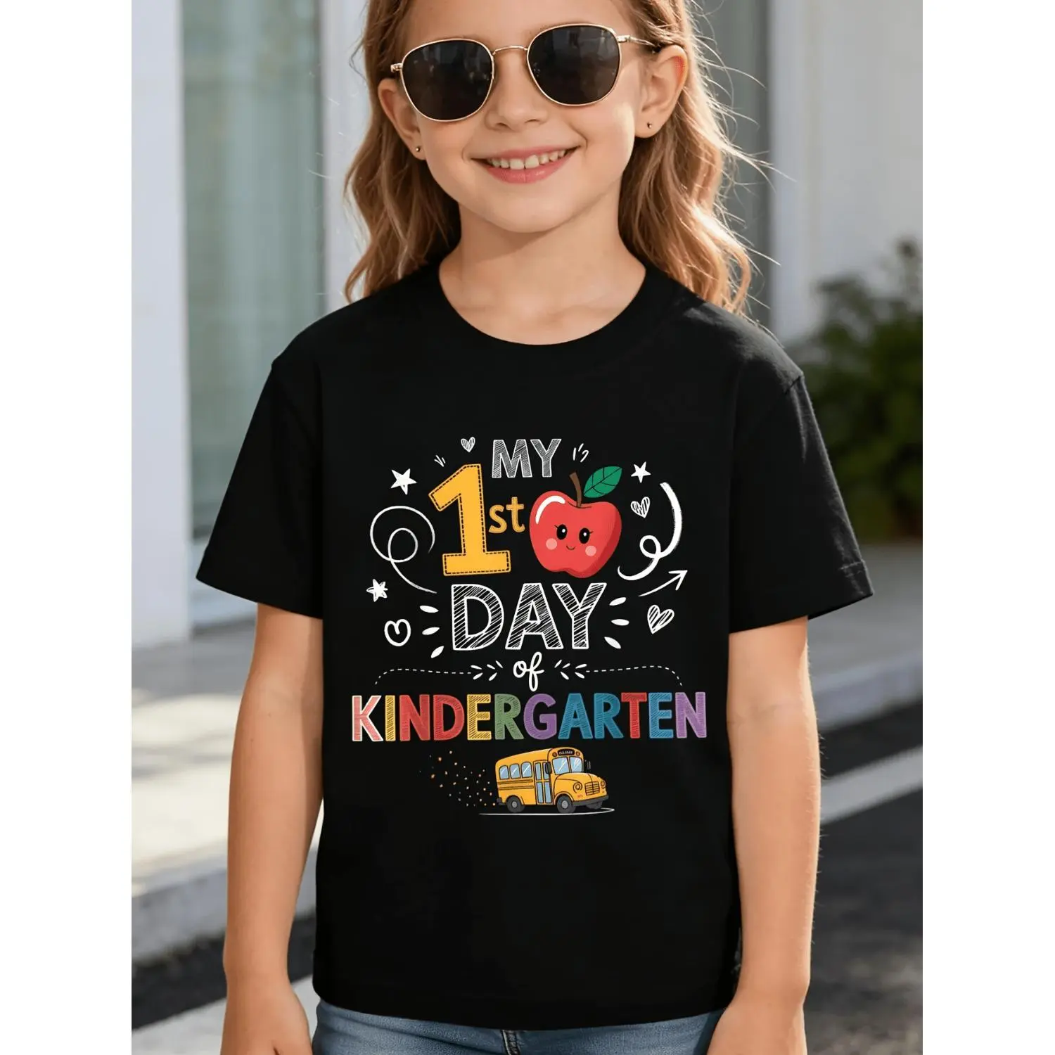 Soft Breathable Cotton Kids T Shirt My First Day Of Kindergarten School Bus Fruit Graphic Tee For Boys Girls Early Elementary Birthday Party Everyday
