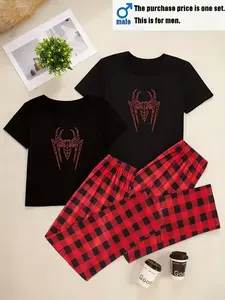 Couple Style Home Clothing Set, Casual, Loungewear, Men or Women Sleepwear, Checkered Plaid and Spider Print, Valentine's Day Short Sleeve Long Pants, Fitted, 1 Top + 1 Pant