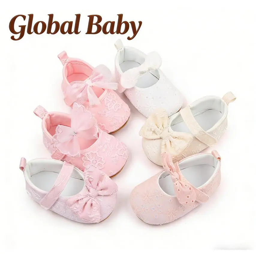 Global Baby Girls Princess Shoes, Soft Bow Flower Non-slip Bottom First Walker Shoes Toddler Shoes Newborn Girls Princess Shoes Crib Princess Shoes for Baby Girls Soft First Walking