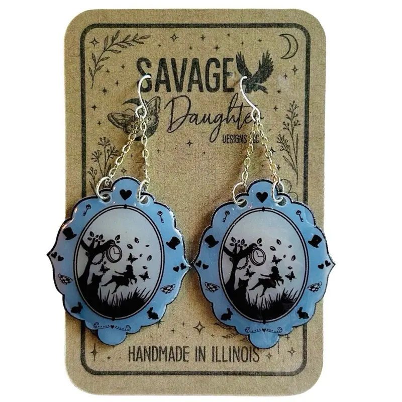 Savage Daughter Alice in Wonderland Silhouette Earrings Through the Looking Glass Dangles Handmade Fairy Tale Cottagecore Jewelry Eco Friendly Packaging